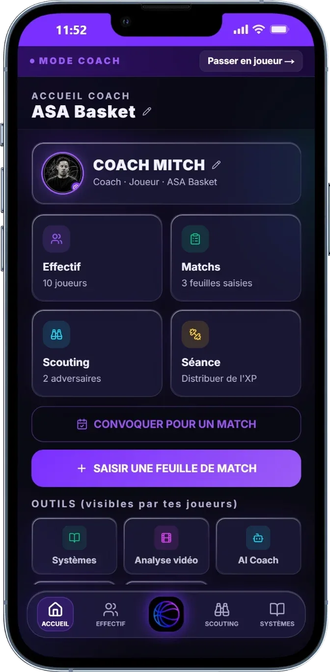Accueil coach du club ASA Basket : effectif de 10 joueurs, 3 feuilles de match saisies, 2 adversaires scoutés, et raccourcis vers les systèmes, l'analyse vidéo et l'AI Coach.