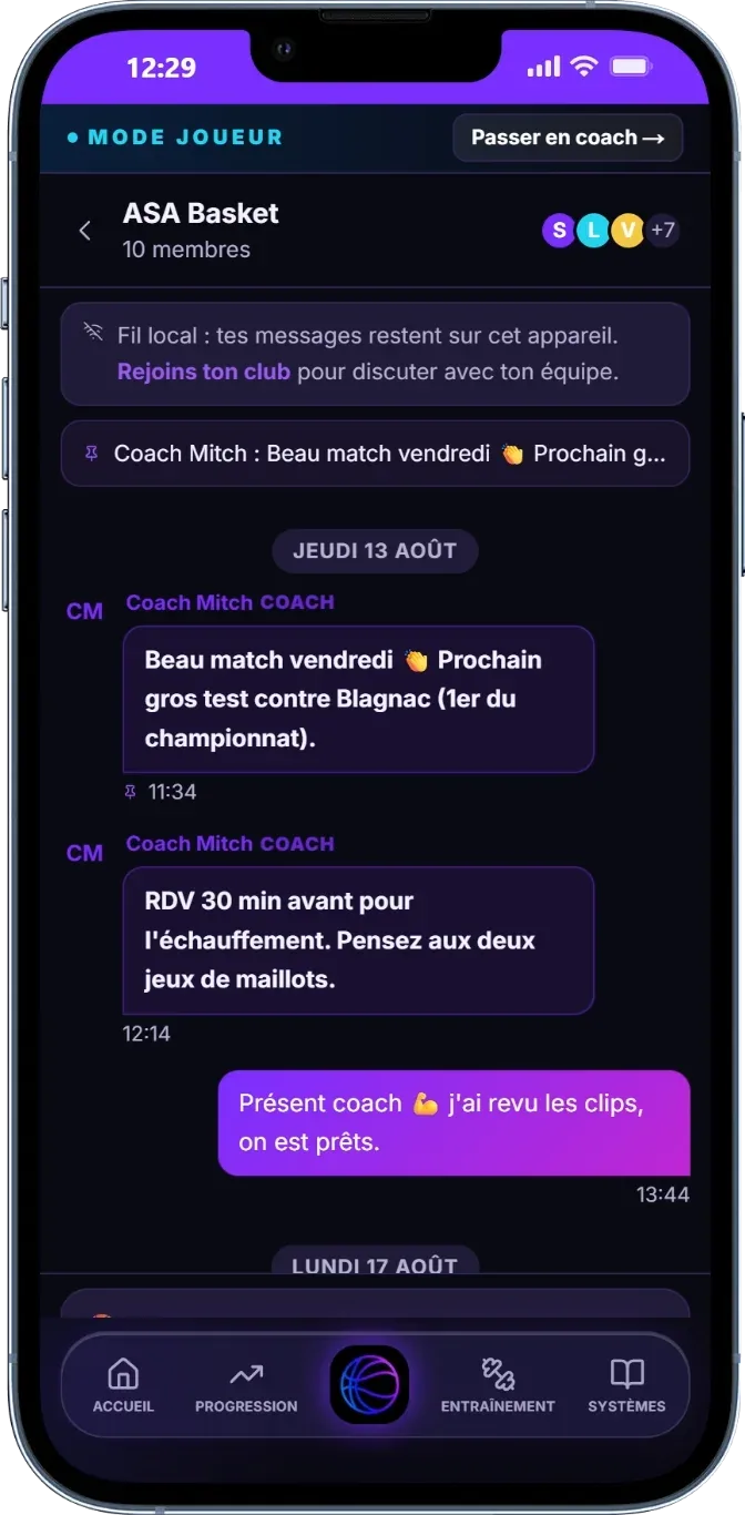 Chat d'équipe ASA Basket : messages du coach avant le match, message épinglé en haut et réponse d'un joueur.