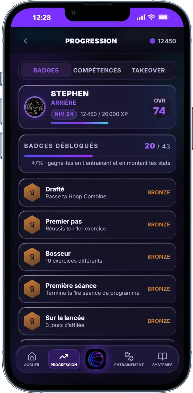 Onglet Badges : 20 badges débloqués sur 43, dont Drafté, Premier pas, Bosseur, Première séance et Sur la lancée.