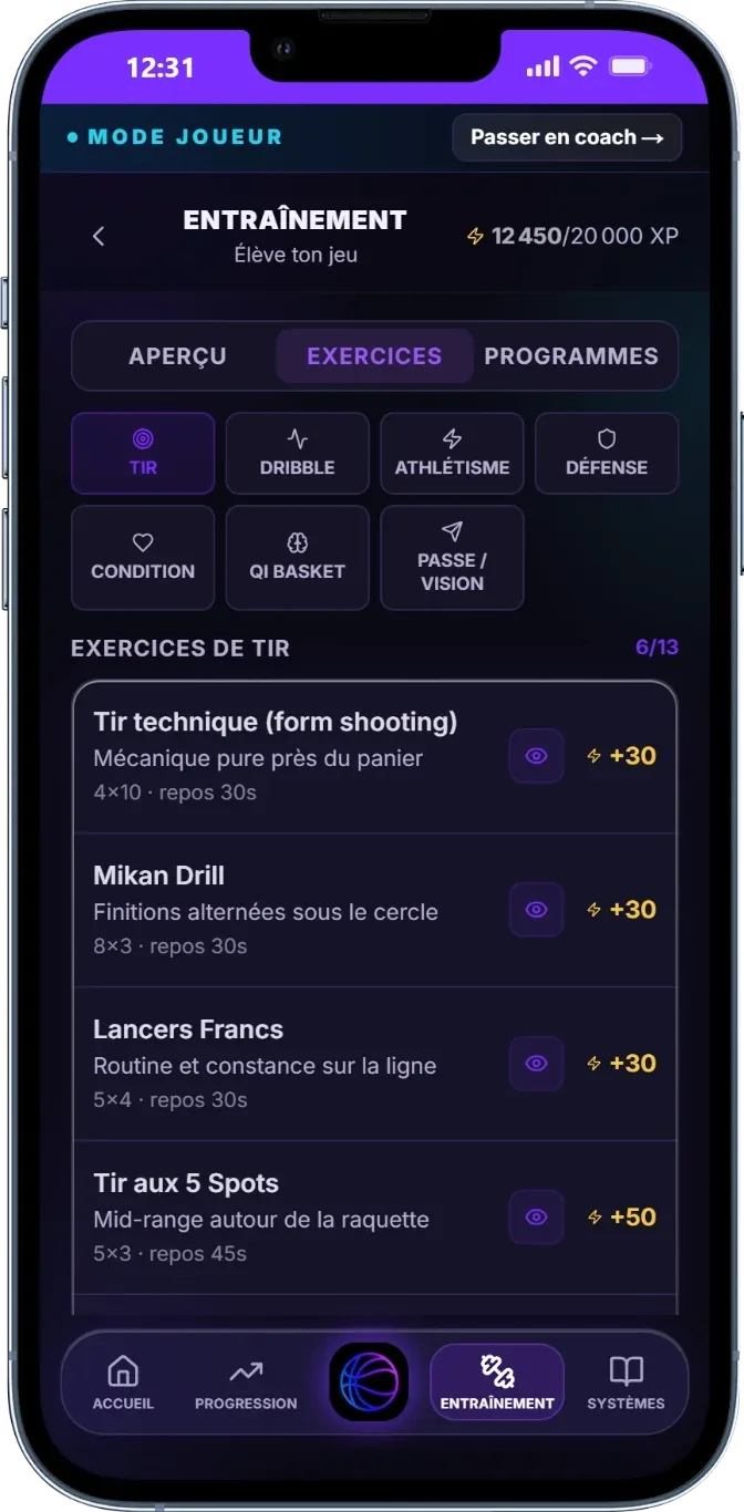 Écran Entraînement : filtres par catégorie (tir, dribble, athlétisme, défense, condition, QI basket, passe/vision) et liste des exercices de tir avec séries, repos et XP.